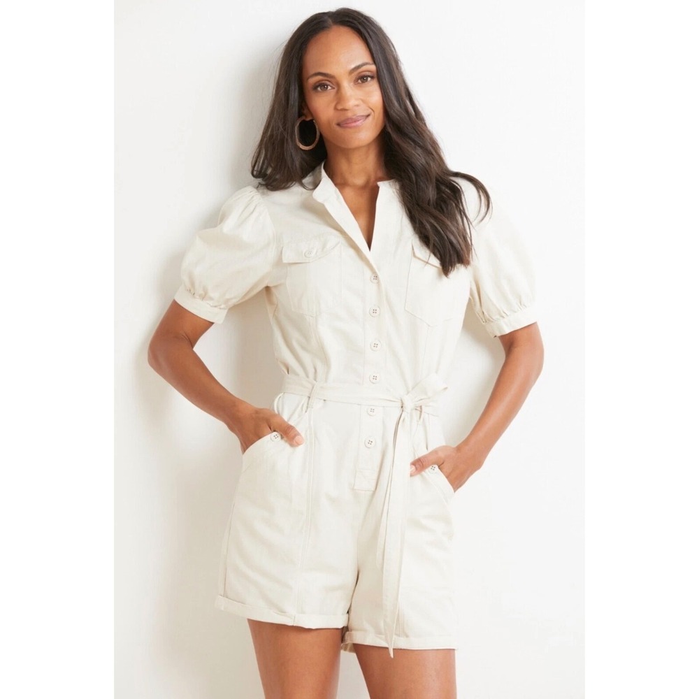 Sanctuary Women Beige‎ Utility Puff Sleeve Button Front Romper XS